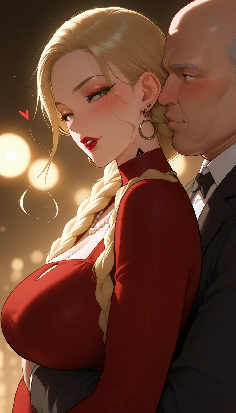 (Photo of your face:1.2), woman (Amber Heard), Red dress, blonde, Amorous 
