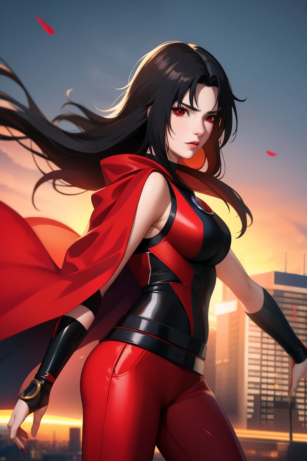 Masterpiece, stunning realistic, best quality,kurenai yuhi, messy black hair, red eyes, as a female superhero, wearing sleeveless superhero costume, long pants superhero costume, and a cape, in the middle of a city