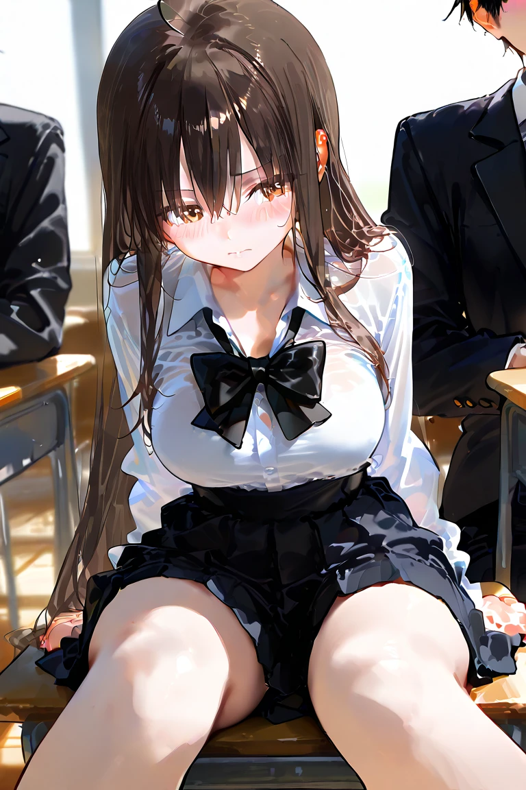 Best Quality、Mastepiece、(Highly detailed face)、Long black hair、Huge breasts,((1 slender girl:1.6)),(One handsome slim boy:1.5),(doggystyle:1.3),((((One boy and one girl having sex:1.5)))),(Cum there:1.5),(High School Uniform:1.5),(Spread your legs:1.4),A big bust that seems to burst,(blush:1.2),((Painful face:1.4)),(Open your mouth wide:1.4),(Sweating:1.3),(Nervous:1.3),((Intense sex in the classroom:1.5)),(Heart symbol:1.2)
