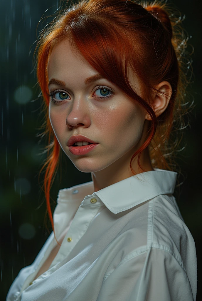 a portrait of a (soaking wet of a milk:1.2) redhead, teacher is sitting on a porch, [white shirt : 18], slate atmosphere, cinematic, dimmed colors, dark shot, muted colors, film grainy, lut, insane details, intricate details, hyperdetailed, closeup, twilight