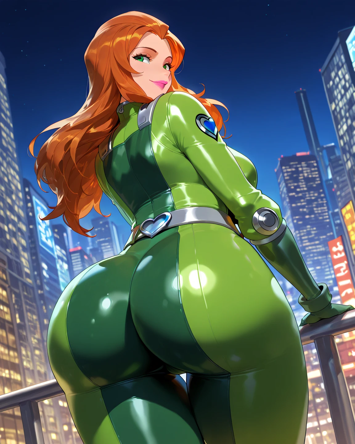 ((Best Quality)), ((Masterpiece)), (Very Detailed: 1.3), 3D, Icaru valkirie-mecha, Beautiful cyberpunk woman wearing crown with her red and blue mecha in ruins of a forgotten war city, long red hair, sci-fi technology, HDR (High Dynamic Range), ray tracing, nvidia RTX, super resolution, unreal 5, subsurface scattering, PBR texture, post-processing, anisotropic filtering, depth of field, maximum sharpness and sharpness, multi-layer texture, specular and albedo mapping, surface shading, statue of a perfect woman, Big breasts, light green eyes, pink high heels, open sky with sun, smiling, big ass, standing on his back looking back, show more ass, hands on ass, freckles on face, freckles on ass