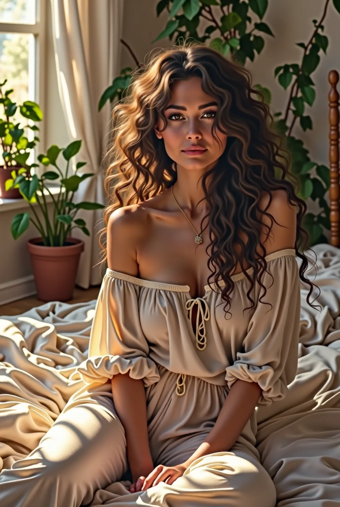 Beautiful girl with smooth skin, sitting on bed, wearing loose off-shoulder top, pajama pants, long curly hair, indoors, soft lighting, plants in background, window with sunlight, cozy room, relaxed pose, realistic, intricate details, warm colors, by Greg Rutkowski, by Alphonse Mucha