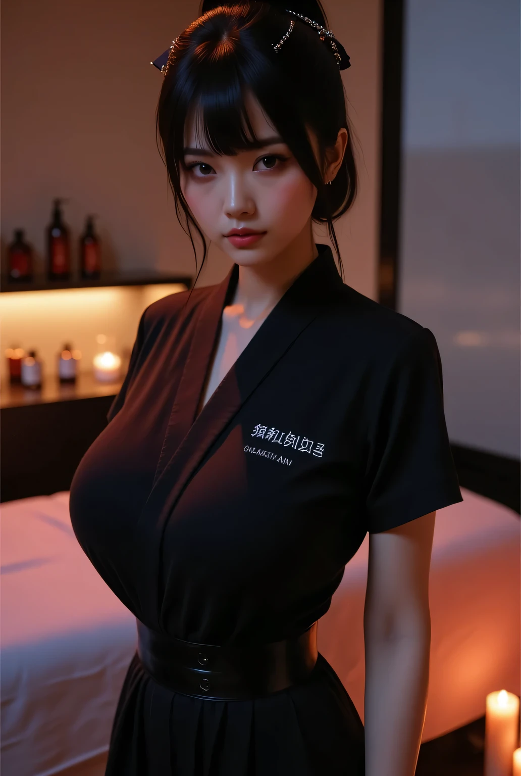 Highest quality, photo realistic, high resolution, masterpiece,
Super beautiful Japanese mature woman, her job is a beauty therapist, looks like a intimidating dominatrix, evil smile, condescending gaze, charm with gaze, staring at the viewer, long false eyelashes, lips makeup, short bob,
Beauty therapist one-piece uniform, tight-fitting short sleeves,
Dimly lit high-end beauty salon with an adult atmosphere late at night, massage bed, lotion bottles lined up on wall, detailed background, candle lighting, easy-to-see color lighting, colorful to keep.