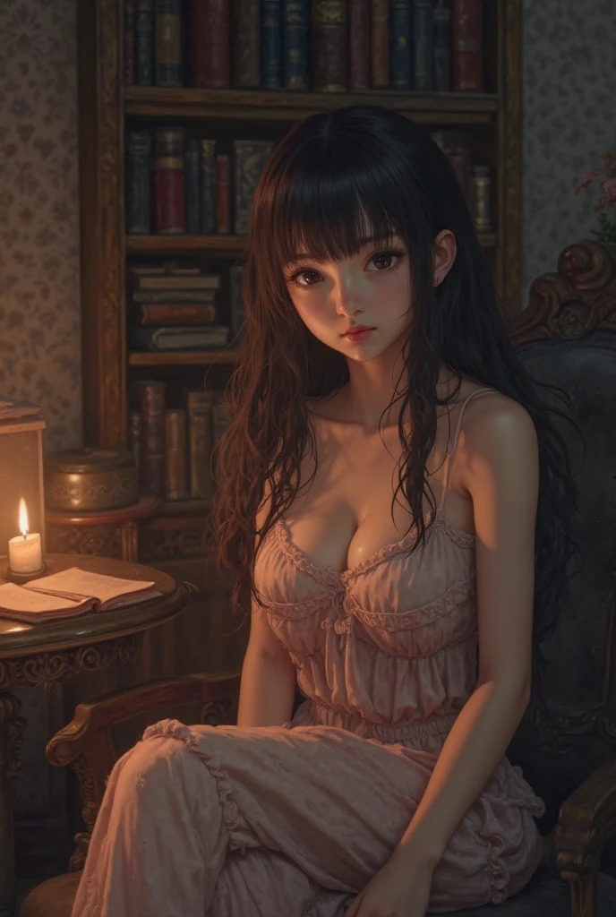(best quality, ultra-detailed, photorealistic: 1.39), bright and vibrant colors, studio lighting, romantic expression, An effeminate girl, with a delicate and beautiful face. Beautiful and adult woman with her straight loose black dark hair matches the gothic makeup, her dark green eyes and mischievous smile, with her large seductive breasts, cleavage, dark style, red, lace dress, transparent details, lace strapless, gothic details , dark makeup. She have a horny face, like a manwha character, library hallway, dark, books, lamps, tables , gothic scenery at night, seductive cleavage, manga style, anime features manga style, fully body , she is in love, like a manwha character style 
