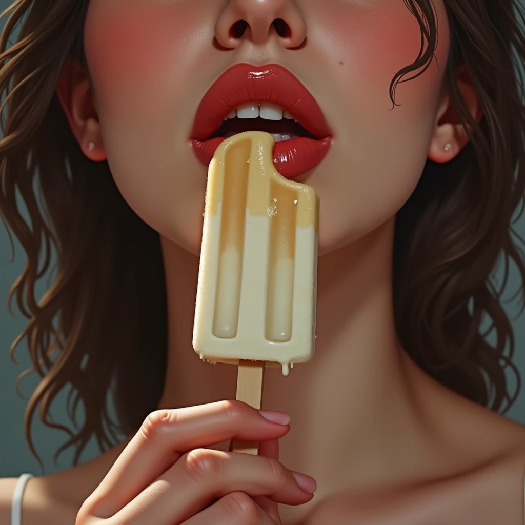 girl with long brown hair tied in a ponytail, miniskirt,nude tits, sexy, nude tits, fellatio, oral, licking_penis, hands on penis (art inspired by Bill Sienkiewicz). oil painting)