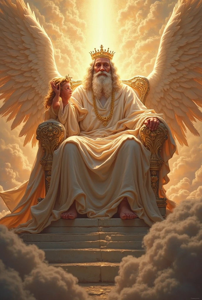 place with blue sky, with a city of gold, with streets of gold, com rio atravessa facing the front a cidade, with colorful trees, with angels worshiping a young man with posture, powerful and majestic, with big white hair, with a big white beard, facing the front, with large white robes, with a breastplate, with a golden belt and a large shining crown of gold on his head sitting and leaning on a large and exalted throne all of gold, and from the throne a river flows
