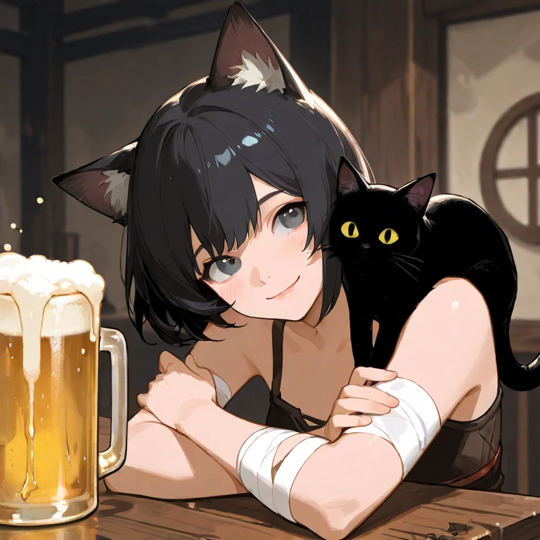 One mature woman, tanned skin, black cat ear, black cat tail, black bob hair, black eyes!!!, white sexy kimono. (sitting on boat) (better quality)