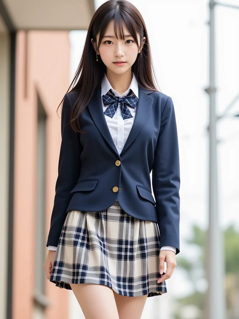 (Highest quality, masterpiece:1.2), Highest quality, Realistic, photograph, High resolution, 1080P, 8k, Physical Rendering, ((height: 158cm)), Japanese Girls、((((((A beautiful -yeld Jaese fashion magazine model looks straight at the viewer)))))), (((Large, very fine, beautiful dark brown eyes))), ((((Laugh at me!)))), Detailed fingers, (((Curled bangs))), ((((Very noble and cute eyes, Carefully drawn with meticulous attention to detail)))), ((double eyelid)), (((Long eyelashes))), ((cute、Adorable、Adorable、laughing、laughing頬)), ((Pure white light hits my nose and cheeks. Her eyes and the white skin of her face are beautiful and white..)), (((((彼女の顔の特徴は非常に表情豊かでAdorable笑顔です, so sweet, Very very clever))))), ((((A striking plain navy large school ribbon bow tie)))), ((((Black, very beautiful and very long hair)))), (Blue and navy tartan check formal long pleated skirt), (((It is slightly larger in size and has a gold emblem.、Dark blue formal blazer))), ((As elegant as a noble princess)), ((Sitting on a chair on the platform of a rural station)), ((Shooting the whole body from the side))