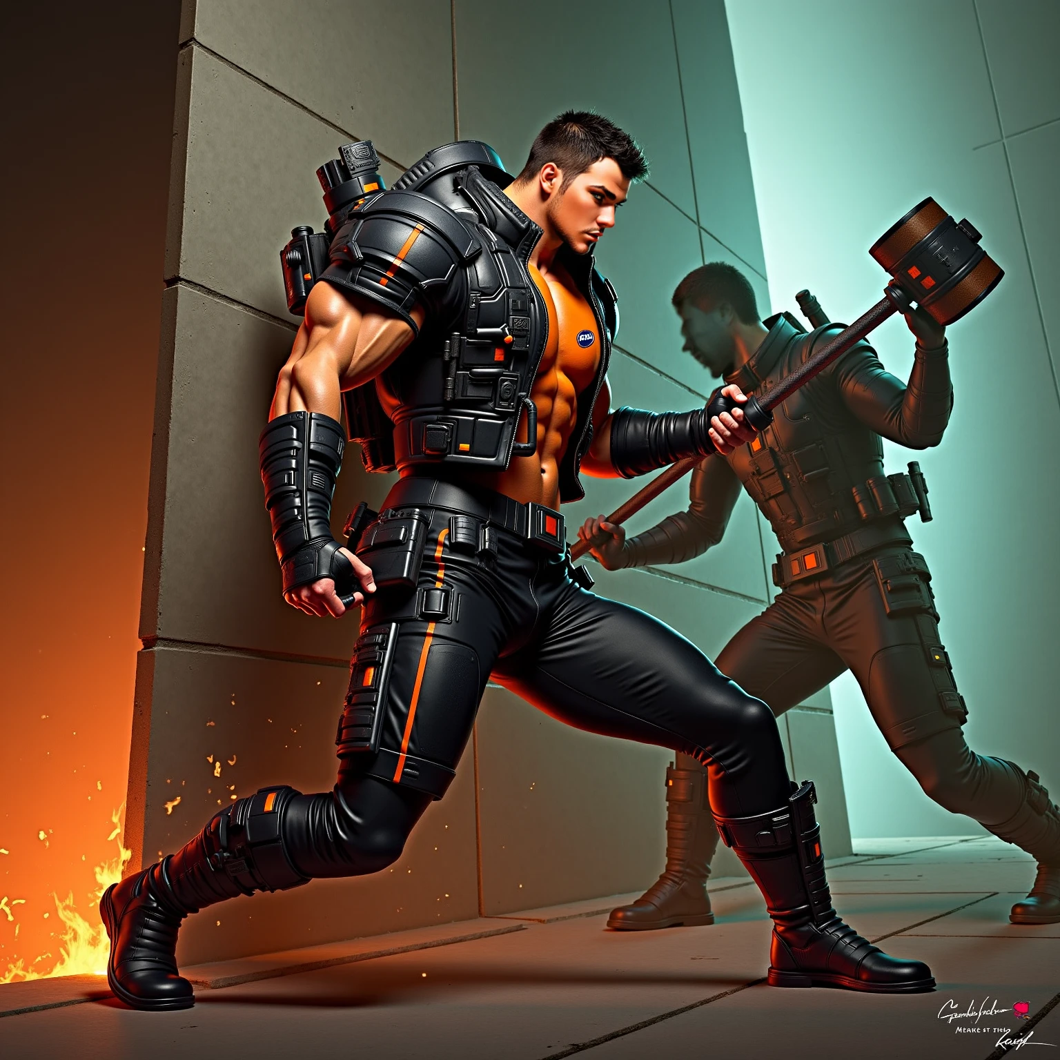 Change background , make a boxer , add some fire, add some texture, make it realistic, make it darker, it should look like batman , make realistic handsome ,add rain ,add some fogg ,it should be look like me on black t shirt