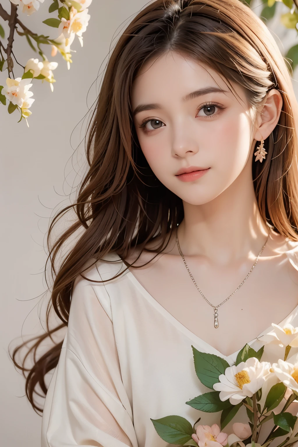 (detailed oil painting of a beautiful woman), rough touch, focus on face, (small smile with calm, kind and bright expression), ((silver grey brown almost straight medium long hair!)), ((close up)), shiny skin, glossy lips, ((casual pastel winter spring outfit)), (winter spring outfit), (smart figure), small necklace, soft spring sunlight, small spring flowers of various colors, young leaves on the tree, striking portrait, use of contour, clean line drawing, fine and intricate details, bright primary colors used partially as accents, fine and intricate details, (Alphonse Mucha compositional style), muted colors, impressionist style, floral frame, Art Nouveau frame, Art Nouveau decoration, floral decorative frame, stress-free mixed media masterpiece, amazing!, beautiful!,