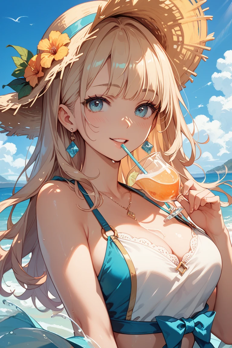 masutepiece, High resolution, 8K, anime woman, Delicate and detailed writing 、Detailed digital illustration、Very long hair and shiny、a very beautiful woman、Eyes are double, Large, Slender eyes、Bust is D cup、High image quality, High quality、Detailed background、I'm wearing a hair ornament.、Glittering background、The inside of the eye shines like a diamond、4 fingers, 1 thumb、Detailed female face、Smile、Very beautiful and cute woman、a blond、Fox ears、Rainbow on background、细致背景、​masterpiece、Soft Focus , Bright gradient watercolor , Lens Flare , Glitter , Glow , Dreamy , Very clear and beautiful morning sky background、Swimsuit、Pass mayonnaise
