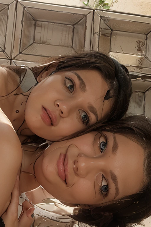 (((Sarah Hyland))) and (((Emma Watson))) (naked on their knees) in a dimly-lit livingroom, pov shot, (((looking up at camera))), (overhead perspective), (face blushing), comforting each other, ((choker)), submissive pose, (((perfect breasts)))