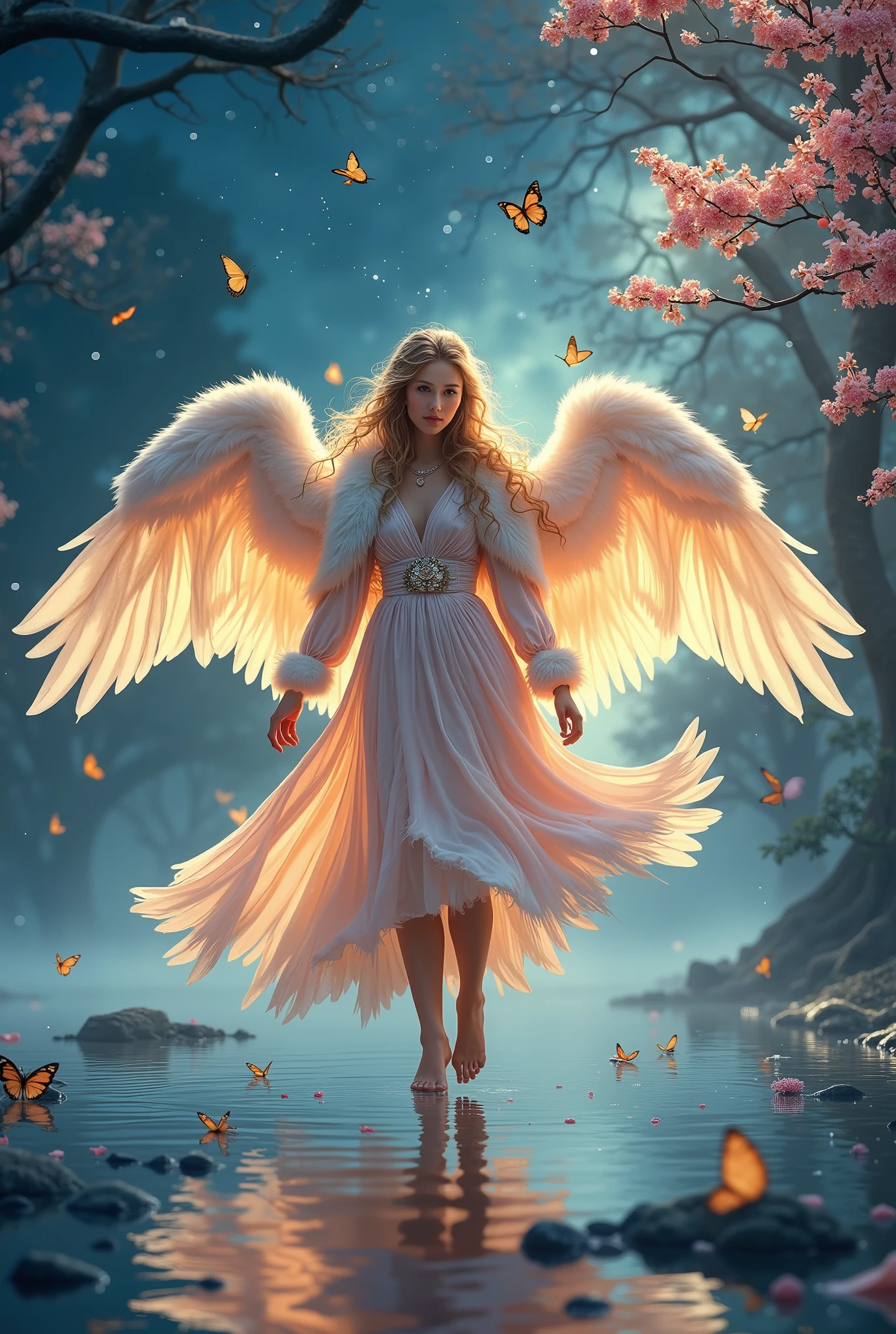 Gorgeous Sexy, girl, her outlines As gentle as Light Sweet juicy fruit, jewelry complements her look, nice beautiful hair emphasizes her gorgeous features, and the sweet gentle scent of lavender comes from her body, A beautiful brooch adorns her dress, a gorgeous velour dress with fur and small white stripes, giving her elegance and beauty, a beautiful girl has a beautiful Angel Wing One Big and Fluffy Snow-white, it seems to envelop her from the side like a small cape, A wing envelops her beautiful waist, girl с Небесными очертаниями в полный рост с босыми ногами идет по прекрасному водному озеру, illuminating everything around her with a sparkling light of warmth, on a cold dark night with a little fog and in the starry sky with the moon, The beautiful rocking of trees on the shore, leaves fly and small butterflies glow, beautiful colors, best quality, High detail, lots of details, difficult details, 8k, masterpiece, fantasy style, beautiful painting , complex composition,