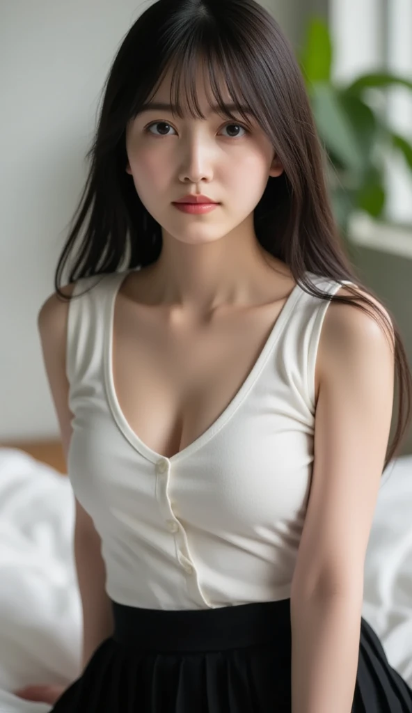 RAW photo, bokeh (realism: 1.4, realistic), high detail CG unified 8K wallpaper, 1girl, (HQ skin: 1.4), 8k uhd, dslr, front lighting, high quality, Fujifilm XT3, 21 years old female with long hair,((slim body, skinny, natural breast)),(((height:163cm))), ((wearing knit tank top, black short skirt,cleavage)),((take selfie)), (looking at viewer), ((ultra detailed room background, )))