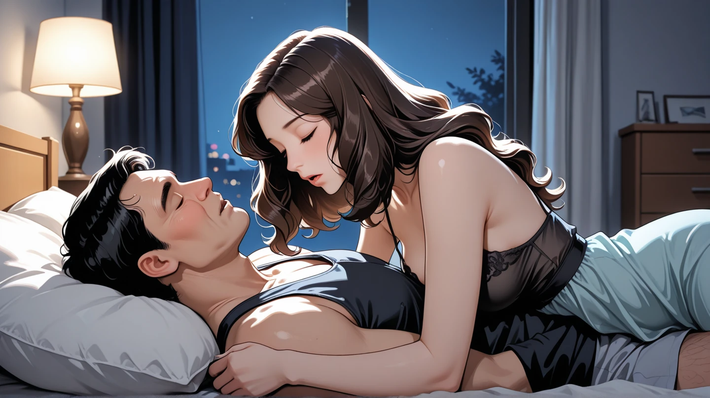 The man in his 45s with black very short hair and smooth face with moustache. The woman in her 45s with brown wavy long hair. In livingroom. Night, dark, dim. The man is wearing unbuttoned light blue shirt. The woman is wearing a black satin nightgown. Hardcore sex. Orgasm. Passion. Erotic. Ultra realistic.