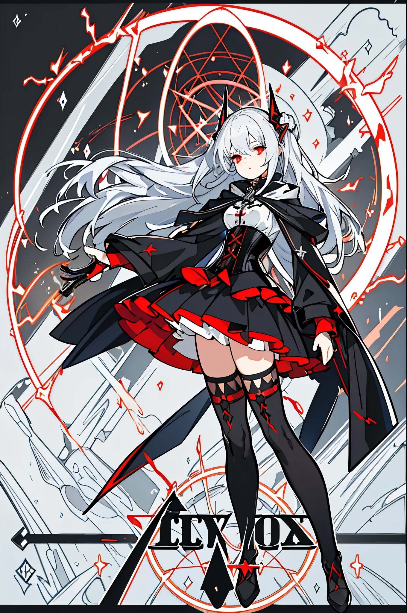 (masterpiece, Best Quality), girl, sparks in the hair, red eyes, Electrical sparks,blue mesh on silver hair , White magic circle, black corset, black thigh high socks, side light, light particles,  abstract,long hair, black hood, bungs, close your mouth,  sleepy, 