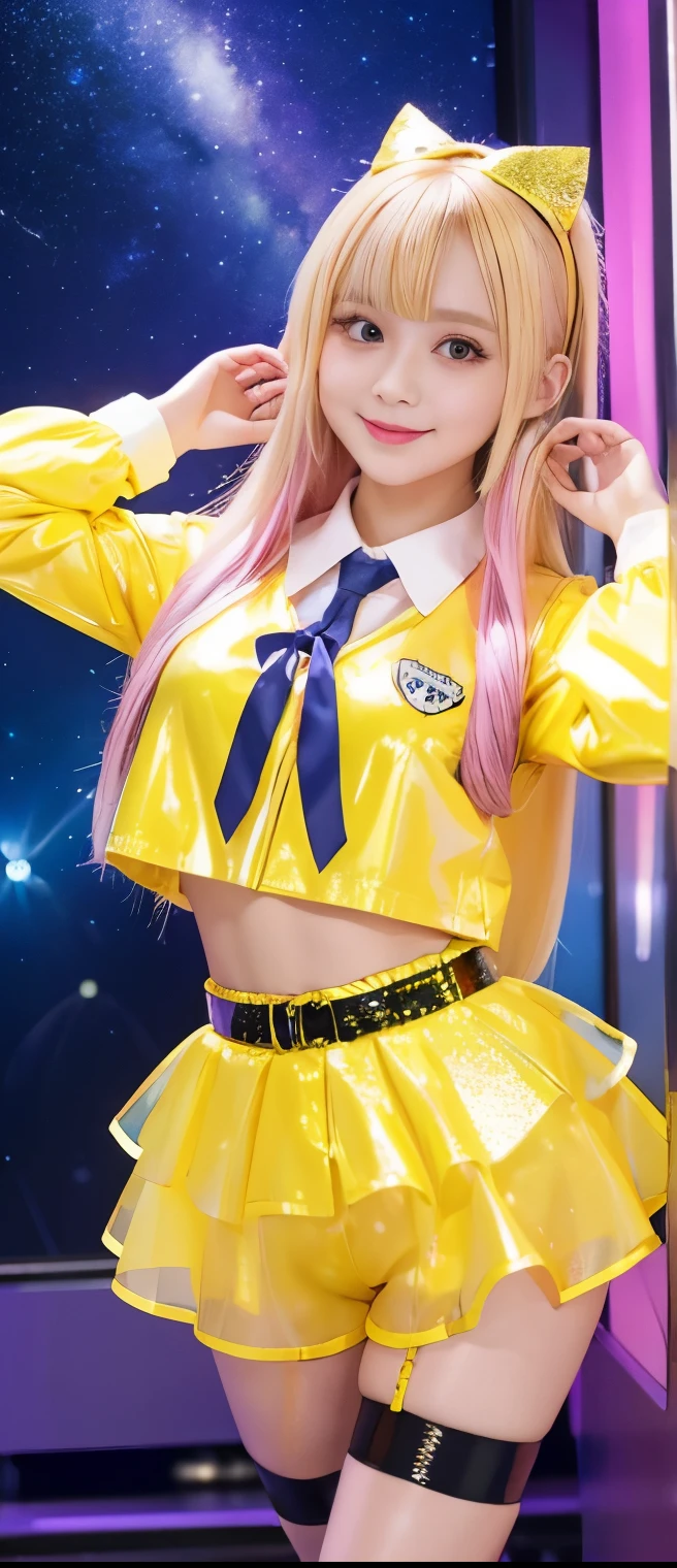 pure cyber formal idol girl(colorful blonde hair)、A pure girl's face、 hypo、、Yellow Sequin Latex Tight Shorts Uniform、、sparkle belt、Glowing Starlight Night、