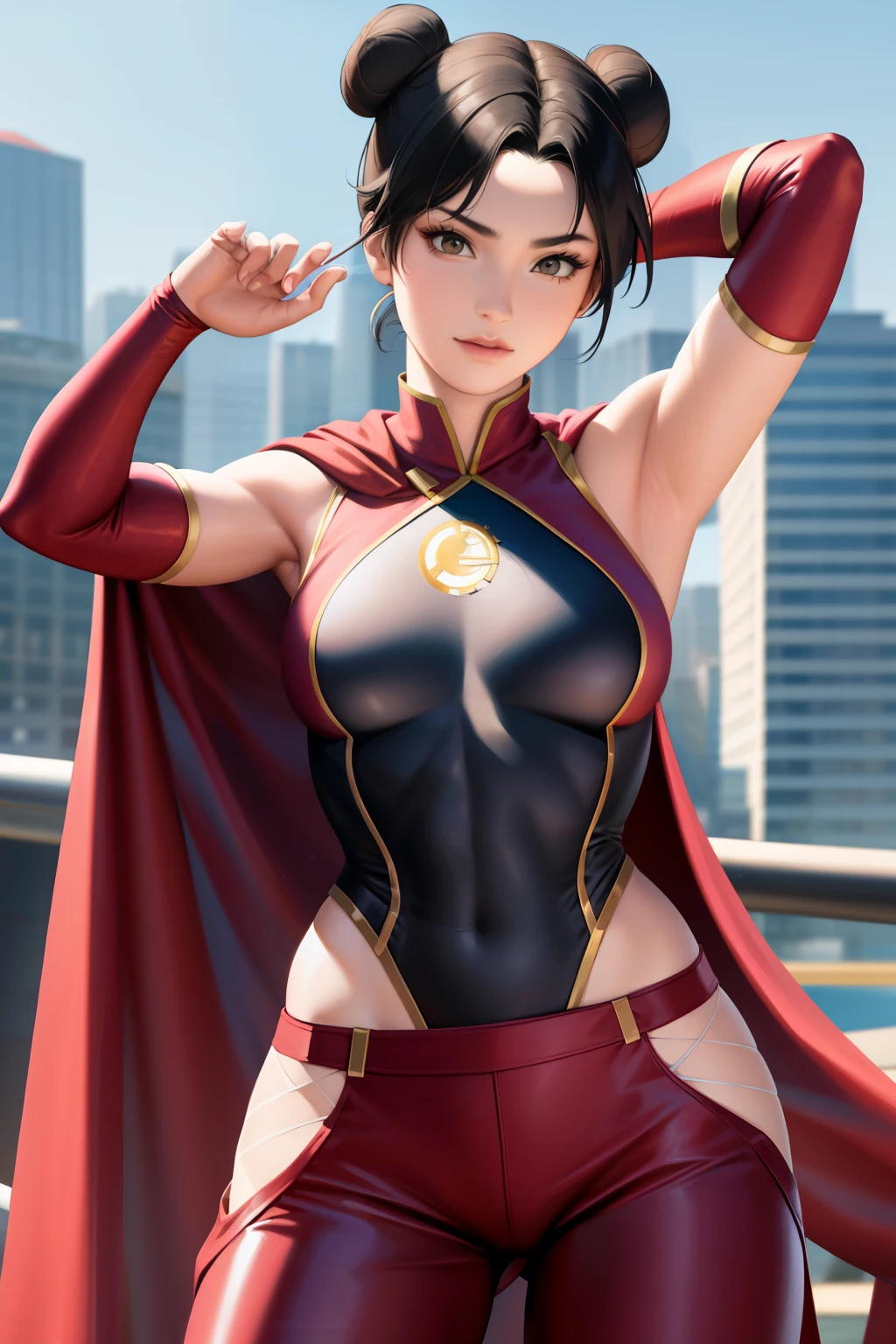 Masterpiece, stunning realistic, best quality,tenten, black hair middle part double bun, as a female superhero, wearing sleeveless superhero costume, long pants superhero costume, and a cape, in the middle of a city