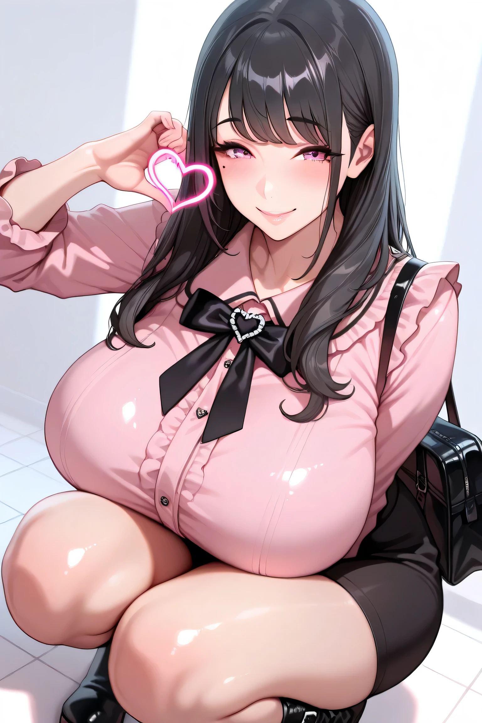 masterpiece,bestquality,detailed eyes,woman,MILF,huge breast,pink eyes,a mole on under the eye,smile,clear skin,shiny hair,ultra detailed eyes,jirai kei, black hair, bow, long hair, bag,pink shirt,black skirt,black long boots,heart sign,looking at viewer,posing,squatting
