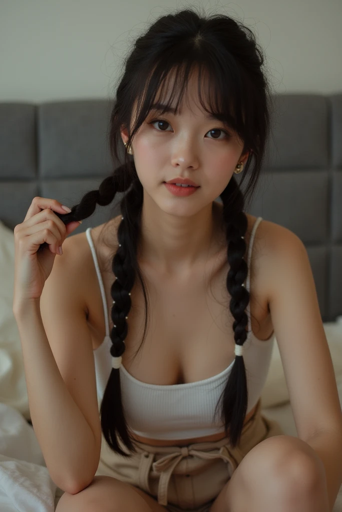 ((girl with pigtails in white underwear)),teenager,one's home、Sit on the bed、chest、soft、stick out tongue、leaning forward、Facial