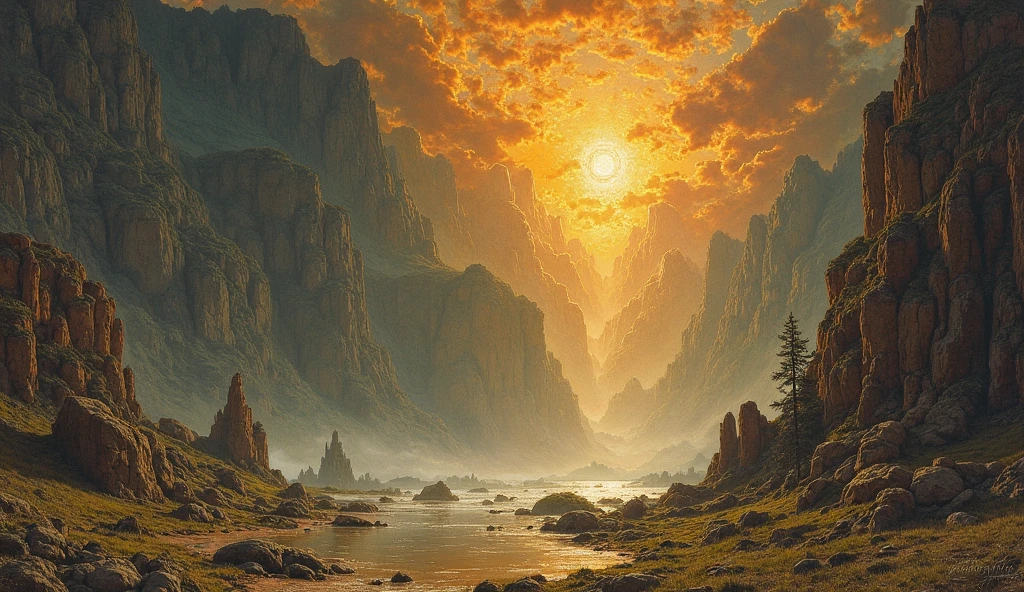 Angels without human feelings, the creator of the universe, mito, In the background of the image, Scene of the Tian Shan, orange clouds. The style of the image should be a caricature, With strong and eye-catching brushstrokes, As well as the mythology and angelic breath of the characters