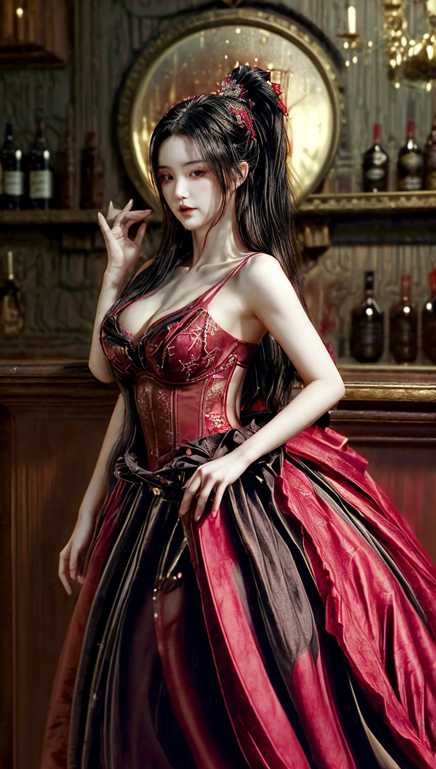 (非常にdetailedな 8k 壁紙)、 1 地獄から来た美しきdevilの女, In the Dark: 1.6), デイヴィッド・ホックニーとアルフォンス・ミュシャによるシュールな女性のPortraiture, Fantasyアート, Korean Doll, フォトrealism, Dynamic Lighting, Art Station, Poster, Volumetric lighting, 非常にdetailedな顔, 8K Ultra, Awards, In the Dark, Deep Shadow, Moderate, Cowboy Lens, (Red Phoenix Dress: 1.4), Long Hair, Black Hair, bust, Luxury Palace, Royal Style, devil'Crown, The red eye makeup is very sharp and detailed, The most beautiful face, Large breasts and normal breasts, Ultra-realistic, Chinese women'clothing, Polo neck sweater, Cute Smile, The eyes are nicely made up, Gweitz, devilスタイル, Wearing black mesh socks, Ponytail with ribbon tied at the back, red and black lips, 肩にdevilのタトゥー, Dressed in a pale red and black robe, Lightning makes visibility cloudy., (Portraiture), Close-up of the main character, (背景detailed 1.8),devilの魔術師が火を操るアニメシーンの全身ポートレート写真, Burning chains around her, Captivating body,Tall body, Mature Body, Big Breasts, break burning aura, fireball, オレンジと黄colorの輝きが周囲を輝かせる, A small phoenix is flying in the background, lava on the ground, magma, break,detailed,Realistic,4K の非常にdetailedなデジタルアート,Octane Rendering, Bioluminescent, break 8K resolution concept art, realism,Mappa Studio,masterpiece,Highest quality,Official Art,figure,Clear lines,(nice_color),Perfect composition,Absurd, Fantasy,Concentration,Three-part method