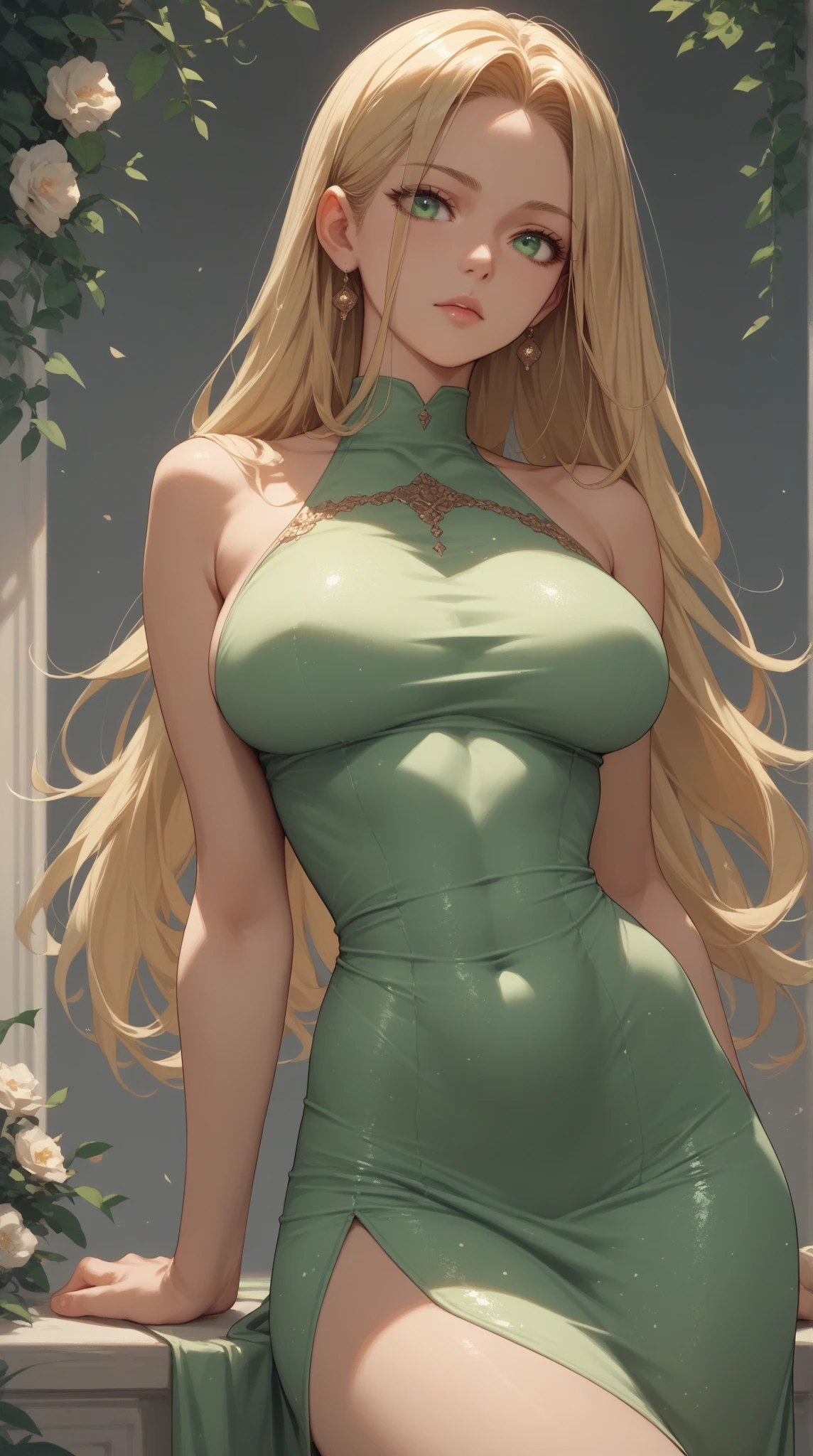 Close-up 1girl, teenager, Solitary, blond, straight blonde hair, super long blonde hair, Light green eyes, Some small freckles, Pale skin, , Huge sexy breasts,Showing cleavage, Sexy big ass, Mature female, Sculptural figure, Sexy body,, cleveage, Runner's Body, (Thin hips, Thin waist: 1.25), (arching back:1.12), Delicate skin, Normal face, Shy laugh, Revealing clothes, (Wearing a short cloth coat , Leather Shorts, Braces, Protective shoes, hairpin: 1.1), Looking at the audience, (Kneel down: 1.22), (dirty blond fox ear:1.25), (Detailed enchanted forest background:1.1), Creek, Overlooking the forest clearing, 4k textures, Soft Light, elegant, Very detailed, Clear focus, Soothing Tones, Crazy details, Intricate details, Ultra Detailed, Low contrast, Exposure Blending, HDR, fade