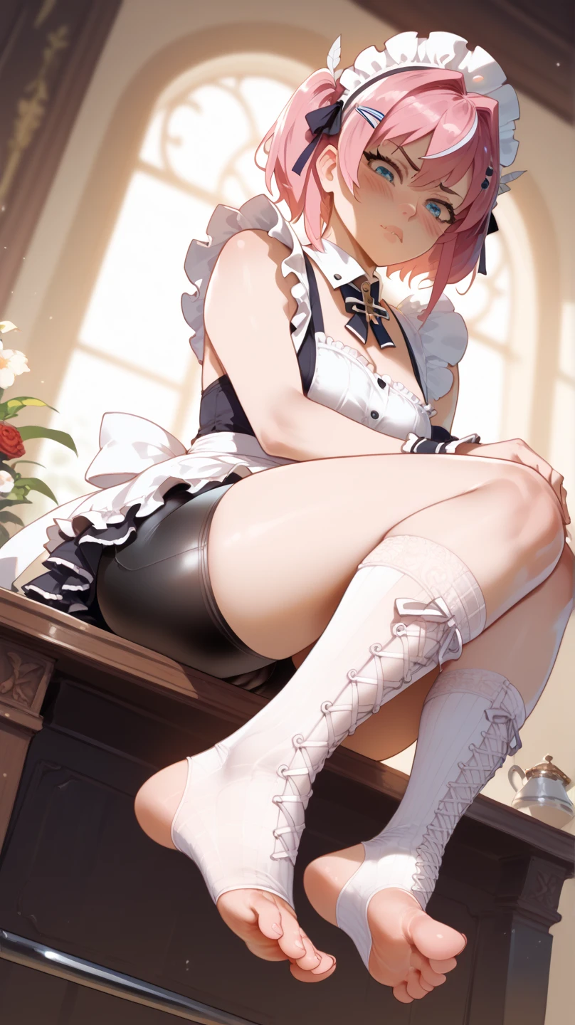 highly detailed skin, highly detailed face, (beautiful detailed eyes, the girl smiles, red cheeks), (One girl is standing), The girl is a cute 18 year old maid, ((no panties, Cute, thin pubic hair)), (Not wearing a bra, small breasts, cute nipples), ((heel shoes)), Maid clothes in , white tights, corset, short skirt, maid's headband, pink hair, Inside a crowded casino, ((Photographed from the front so that the girl's whole body is included)),