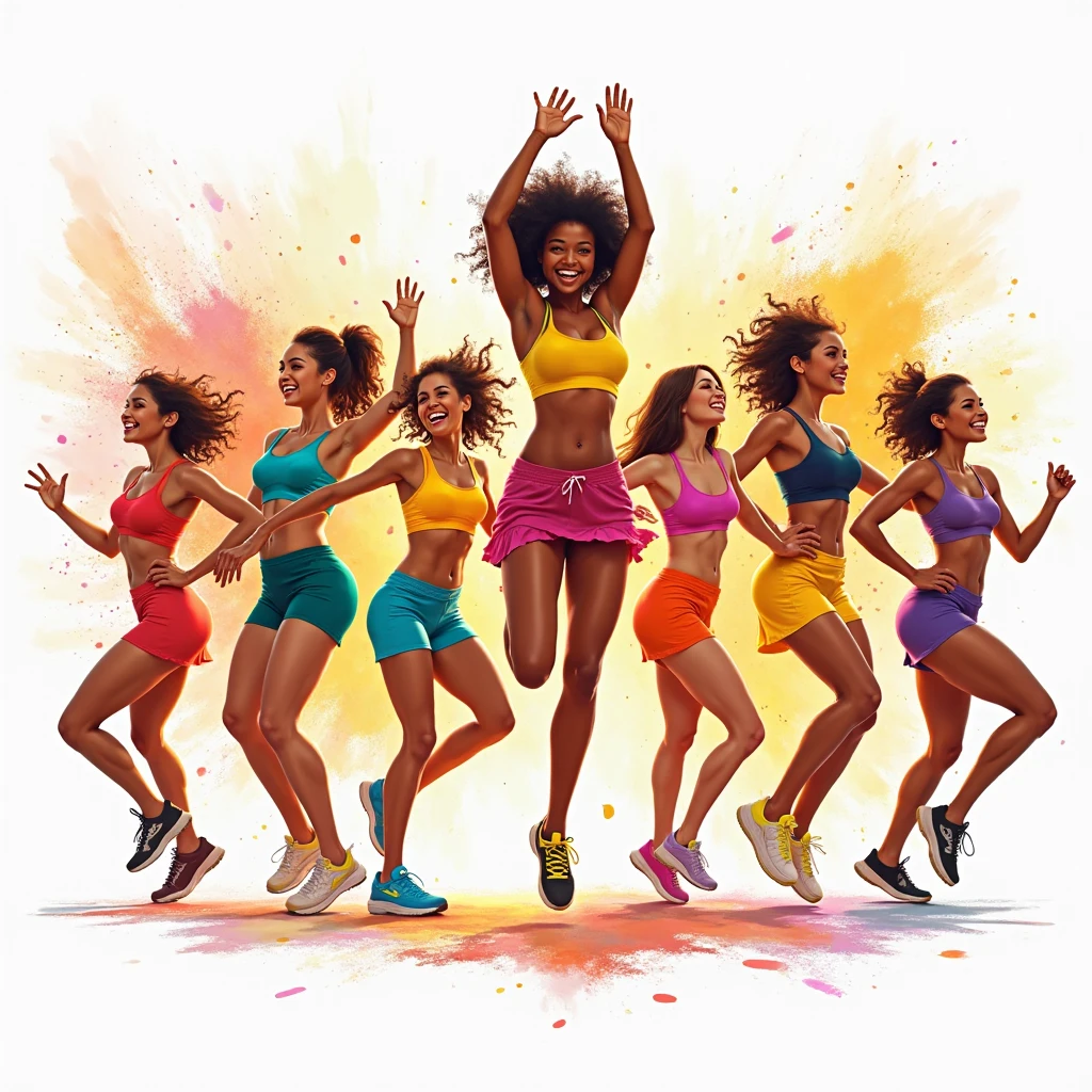 group of men and women in colorful sports wear doing a dance, vibrant and dynamic, people dancing in background, people dancing, vibrant and powerful, on a dark background, dancing people, nightclub dancing inspired, ibiza nightclub dancing inspired, dancers, vivid and vibrant, bright and energetic, shutterstock, vibrant light, athletic muscle tone, belly dancing, rave outfit, zumba dance