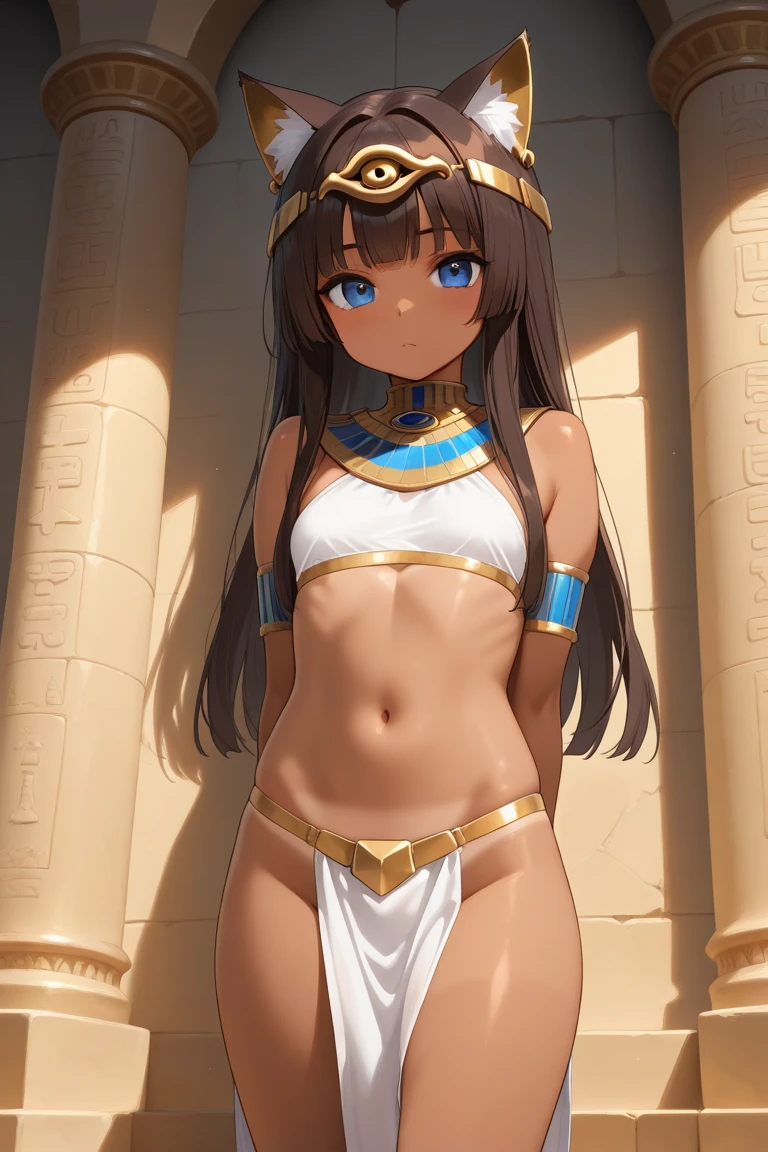 ((Frank Frazetta oil painting)),beautiful Queen Cleopatra Egyptian woman, Beautiful black eyes、smiling Egyptian woman, (Glossy Egyptian ornaments, muscular and perfect body:1.4,(top-quality、8K、32K、masterpiece)、超A high resolution, ((traditional Egyptian bangs and fringe hairstyle)), black hair with heavy bangs on the forehead, (cowboy shot), depth of field, cinematic lighting effect、muscular body, caramel skin shiny with oil and sweat, ((Egyptian sorceress)), ((wearing insanely detailed blue and gold ancient Egyptian sorceress outfit)), ((ornate blue and gold Egyptian headdress)), ((((flat chest)))), interior of ancient Egyptian palace, (((NSFW))), (((legs spread wide, having sex st)))