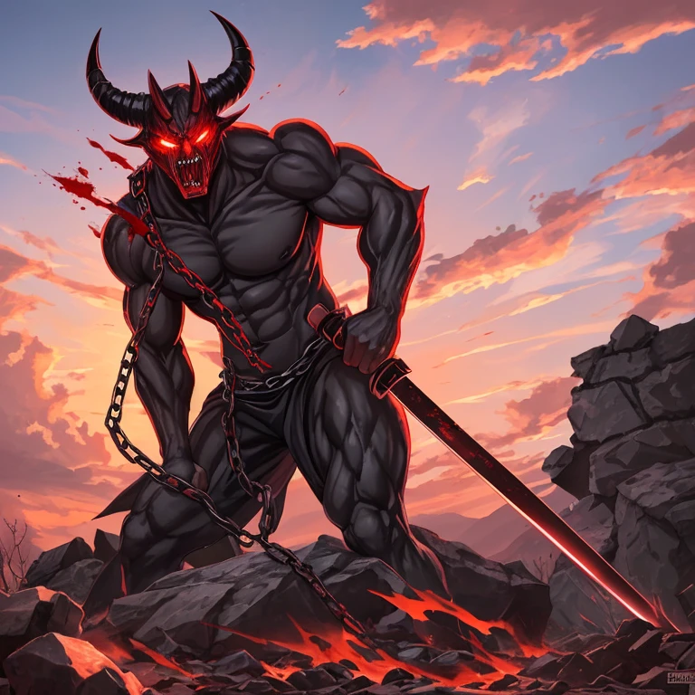 a large red-skinned oni demon, male, red skin, bulging muscles, ripped kimono, long katana, glowing yellow eyes, white hair, spikes on arms, large curled horns, (best quality,4k,8k,highres,masterpiece:1.2),ultra-detailed,(realistic,photorealistic,photo-realistic:1.37),concept art,dark fantasy,dramatic lighting,epic,red and orange color palette,chiaroscuro lighting,moody atmosphere