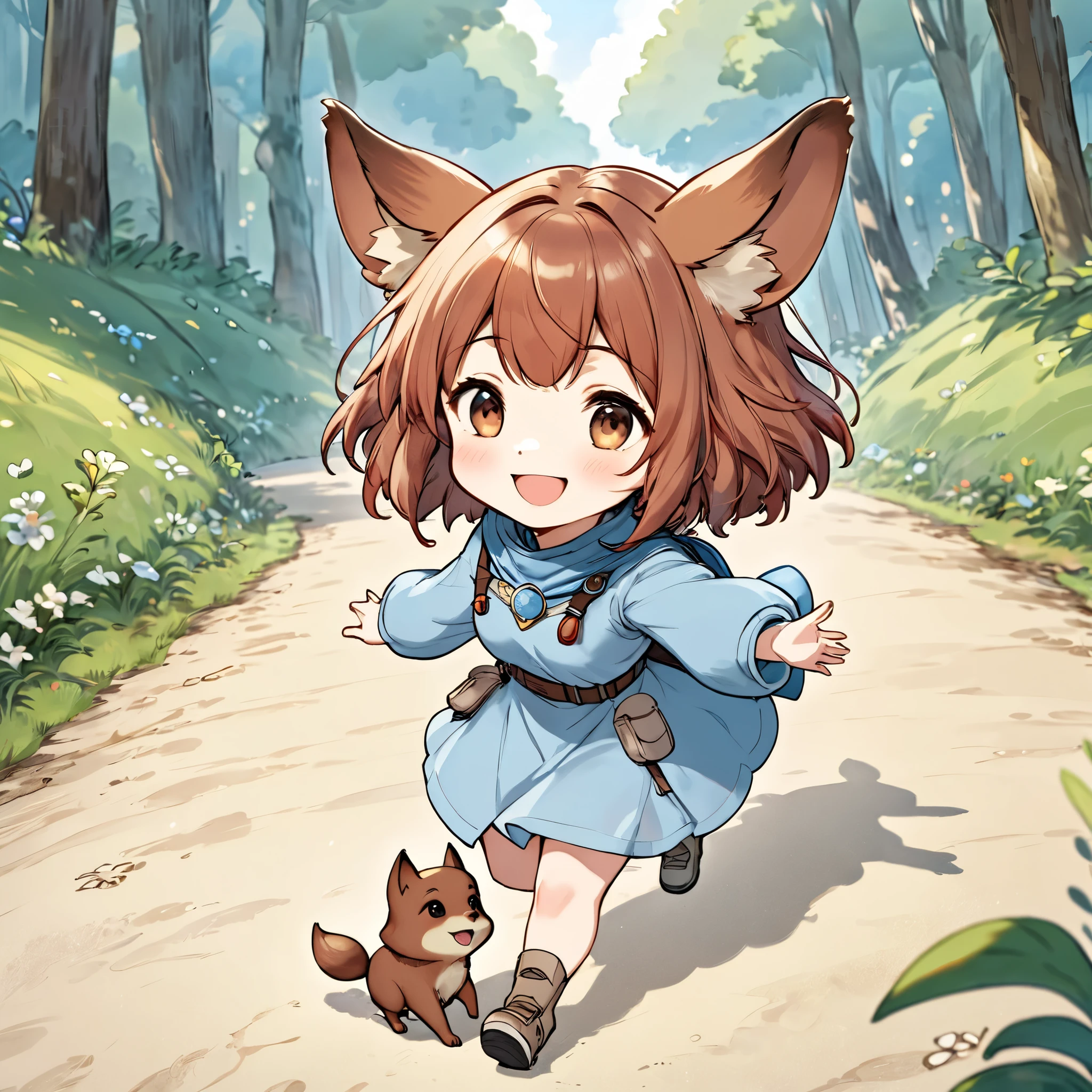 Best Quality, solo, ridiculous , very detailed, 2.5d, delicate and dynamic, chibi, cute girl, girl, Hair,犬の耳のgirl , Brown dog ears ,solo,I'm wearing Nausicaa clothes,solo,smile,The ground is golden, walk with open arms,A little fox squirrel is on my shoulder