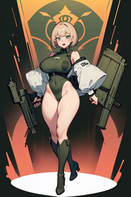 Young girl, Pullover, yellow bikini, mini bikini, whole body to see, disgusting face, angry, scream, pigtails hair , (( very wide hips)), (((colossal Thighs, gigantic thighs, very huge thighs, very big thighs))), fullbody, platform heels, tanned , brown skin, big breast, gun, soldier girl , leg garter, standing, front pose, blonde,