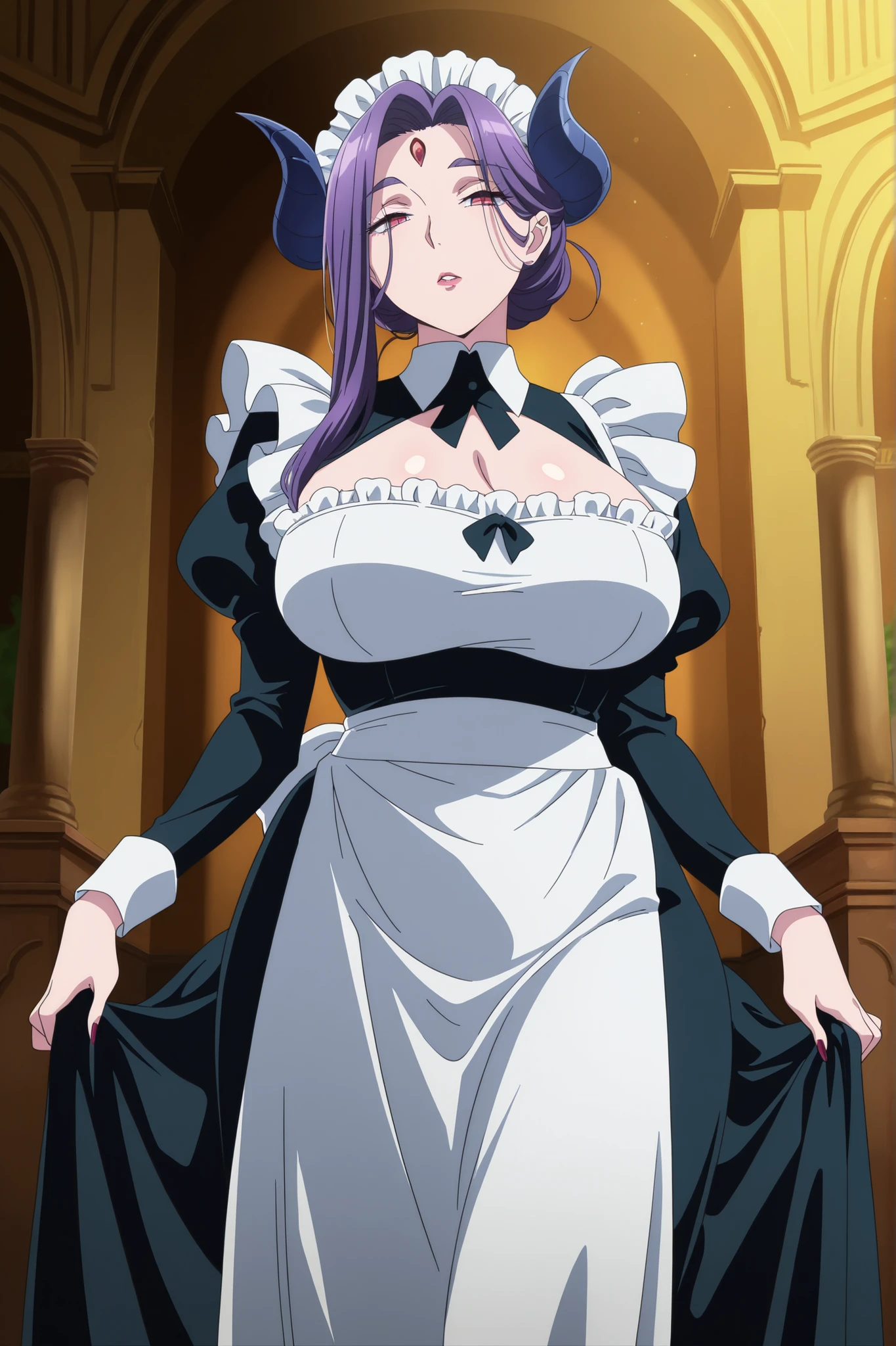 masterpiece,best quality,amazing quality, very aesthetic, newest, anime screencap, 1girl, maid, mature female, demongirl, curvy, intricate details, highly detailed facial features, sensual pose, elegant maid uniform, horns, demonic features, voluptuous figure, lush fantasy environment, dramatic lighting, cinematic composition,