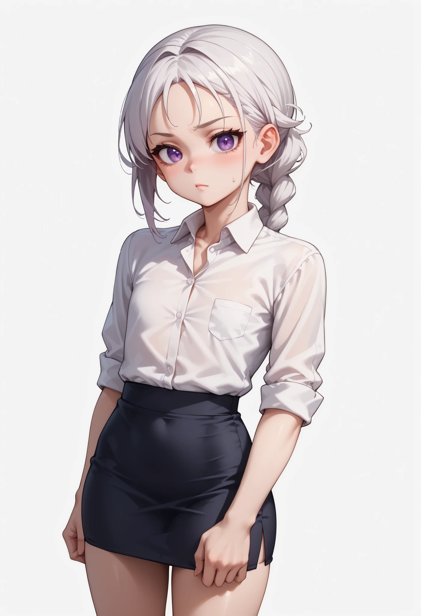 source_anime ,score_9, score_8_ up, score_7, ((White background)) White skin ((Russian woman)) ((1girl)) (narrow-eyed) Fierce face ,slender face, , (solo girl) ,30 years old, rathing_questionable , (purple eyes), (White ponytail braid:1.2), (White collared shirt1.3) , (pencil skirt:1.2) , ((thin:1.2)) , ((small breasts:0.2)) (Flat chest:1.2) excited