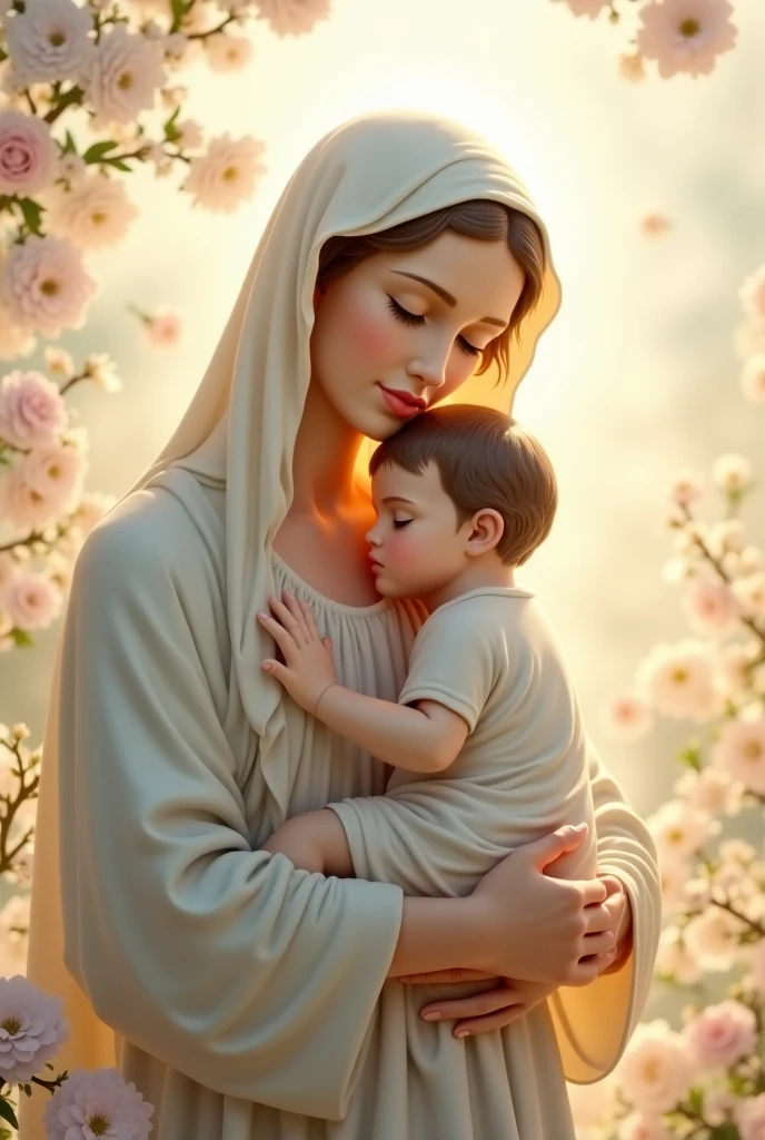 image Mary mother of Jesus Christ (nas nuvens, mulher, cabelos castanhos longos, cabelos longos ondulados, olhos perfeitos, olhos abertos, olhar sereno, olhando para o espectador , holding baby Jesus in his arms, Wearing a white robe in the skies, aura de luz ao redor, Ansioso, Blessing the People on Earth, Foco frontal, 8k