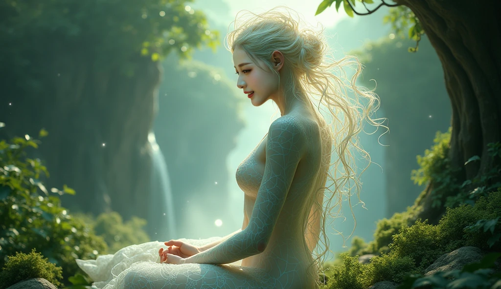 (best quality, ultra-realistic, highres, HDR:1.2), vibrant colors, rich textures, soft lighting, stunning natural landscape, 1 female, without clothes, naked, showing her vagina