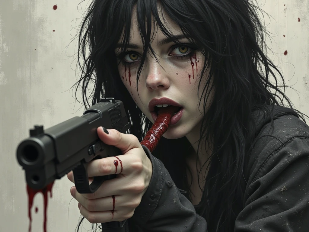 girl, blood at the corner of the mouth, battlefield, red, dirty glass, mutilated top, machinery, zombies