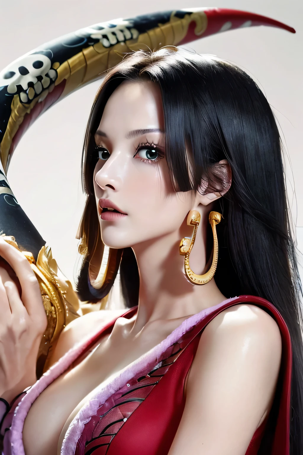 ((masterpiece)), the best picture quality, walking between cold atmosphere and noble temperament, giving people a sense of mystery, the perfect combination of royal sister and iceberg goddess, (1girl), boa hancock\(one piece\), high nose, sharp eyes, light smile and subtle, ((black hair | long hair): 1.2), boa hancock, (one piece), snake_skull background, bright eyes, onyx, secret corridors, dim lights and blurred backgrounds, presenting a different mysterious atmosphere, dynamic angle and posture, slim and perfect figure.
