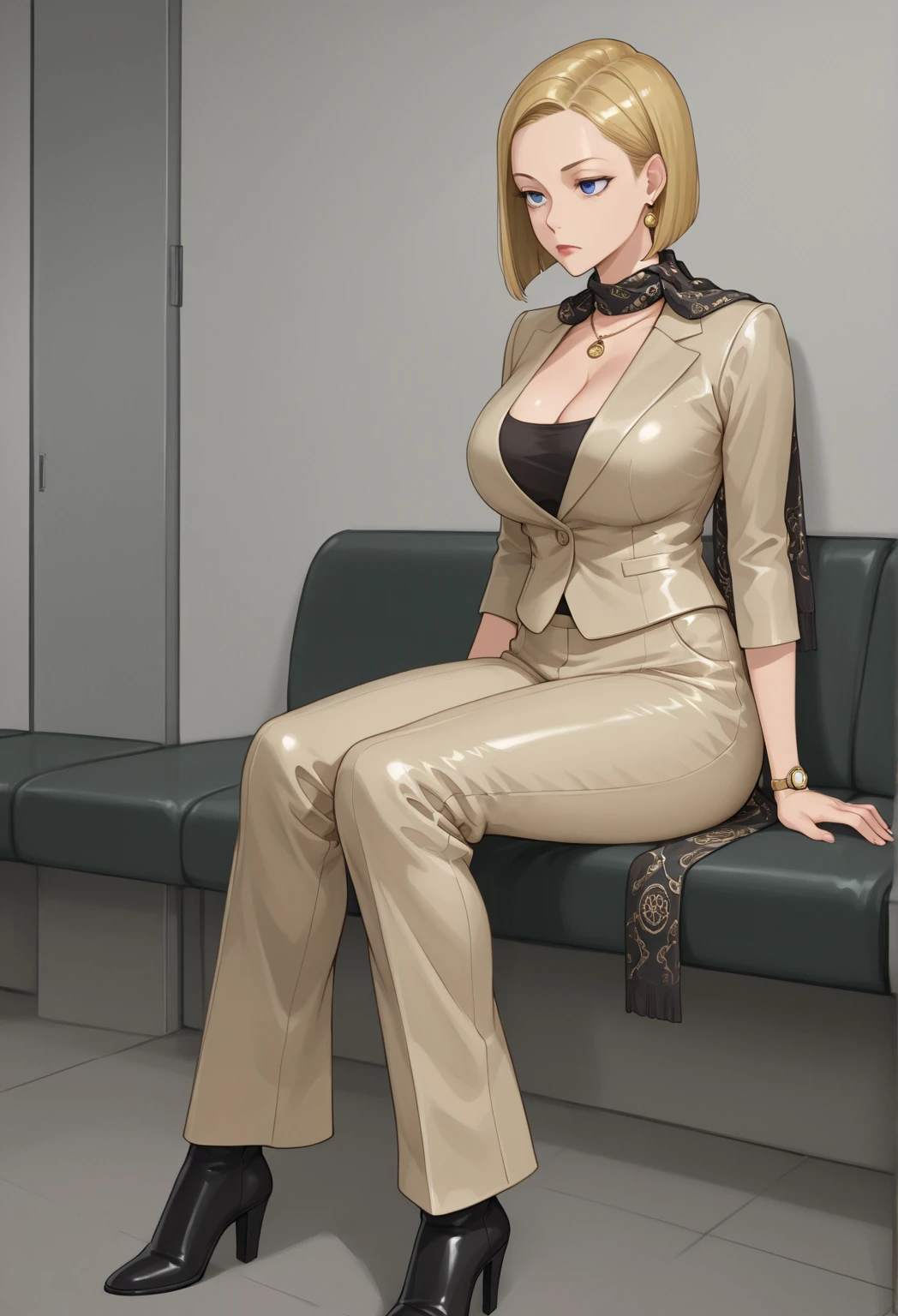 anime_still, masterpiece, best quality, 1girl,Hiroko Takashiro , Kitami Reika, sitting on chair, crossed legs, mature female,Large Breasts, cleavage, curvy, 40 yo,blonde hair, short hair, lipstick, makeup, black eyeshadow, smokey eyes, blue eyes, jewelry, cross earrings, black corset mini dress, white labcoat, black thighhigns,pump shoes, stockings doctors office