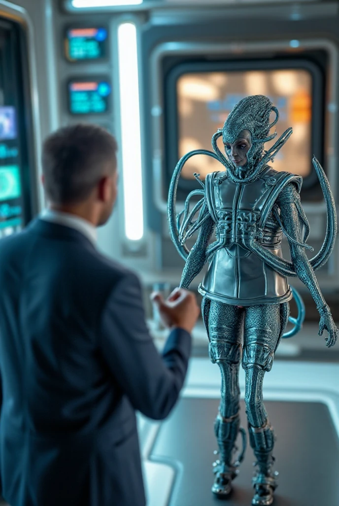 Alien shaking hands with a man in a suit
