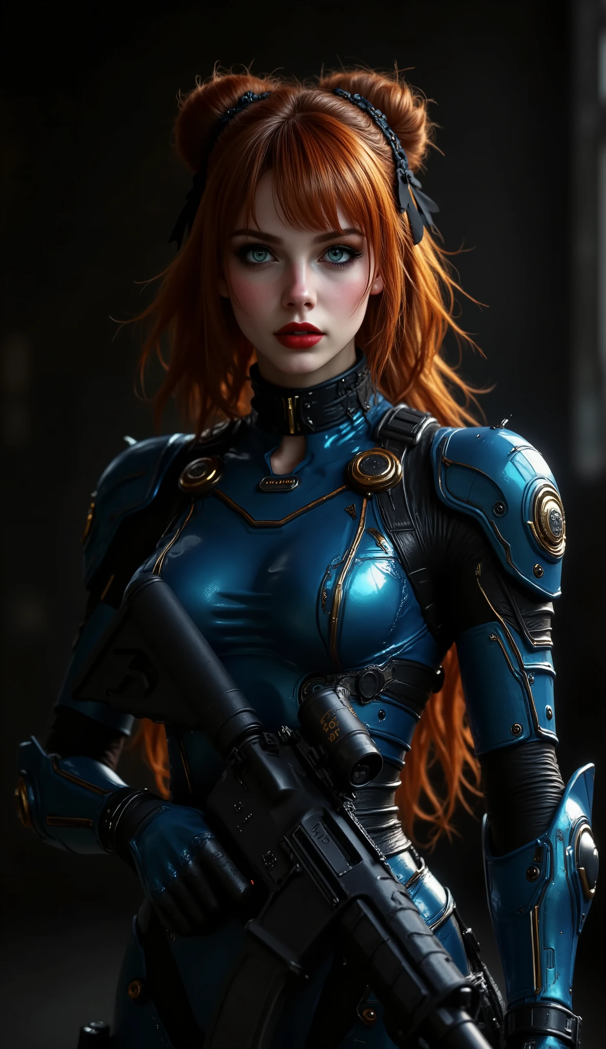 (High Resolution, Masterpiece : 1.2) , (current : 1.37) , (best quality, hi-res, super detailed, current) , mesmerizing dark fantasy 8k, Masterpiece, Top Quality, High Angle, Full body wide shot front on, staring straight at the viewer, very technological, perfect picture, 8k, of a woman with orange-red hair with two buns tied on the sides of her head, black ribbons on the buns with japanese letters printed on them, very long wavy hair, messy hair falling on her huge , with bangs, very detailed green eyes, full wet lips, parted lips, angry face, staring straight at the viewer, sensual, serious, very tight in the combat suite, headphones with built-in microphone colored blue and black on her head, the woman is wearing an advanced mechanized combat suite, dark blue and black camouflage colors with dark camouflage patterns, letters engraved on her left shoulder protector, light armor, carries in his hands a Heckler & Koch G36 assault gun with silencer, x4 reflex sight, additional ammunition, extra magazines and fragmentation grenades in his cartridge belts, he is angry, advanced combat metal gloves, worn advanced mechanized combat suite, with bumps, scratches and dirt from the combat suffered. very technological advanced mechanized combat suite, bluish light indicators on the sides and arm, one-eye visor made of transparent orange plastic. completely black background ideal for wallpaper, absolute black image background, dynamic lighting, reflections, ray tracing, dynamic pose. viewed from a high angle, dramatic lighting, cinematic composition, dark atmosphere, detailed facial features, photorealistic, 8k, high quality, masterpiece