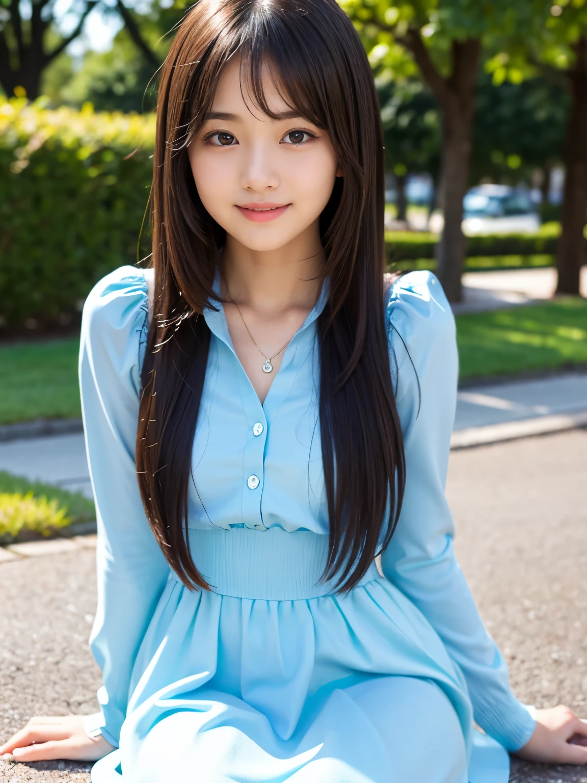 cute woman、cute face、cute smile、 、full body shot、80mm、well-shaped chest、lazy smile、shrine、torii、cherry blossoms、slim body、beautiful and slim legs、sit on the bench、