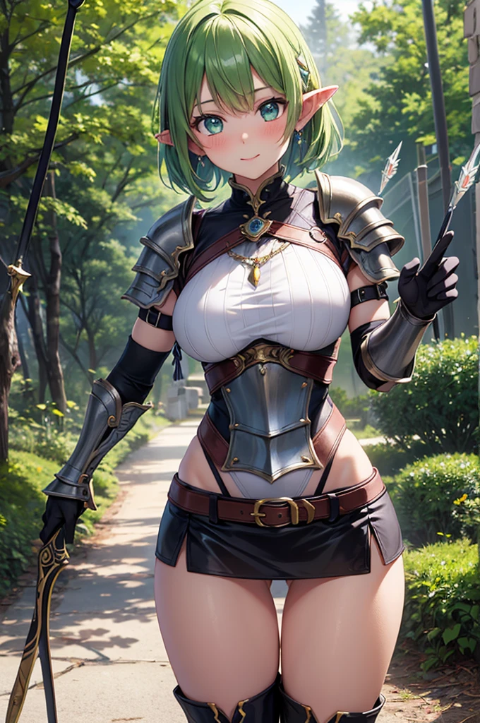 (masterpiece)),(((best quality)),((character design sheet, same character, front, side, back)), illustration, 1 girl, short green hair, hair in eyes, beautiful green eyes (detailed eyes), environment Scene change, pose too, female warrior, green armor with tree leaves, holds a sword, (simple background, white background: 1.3)