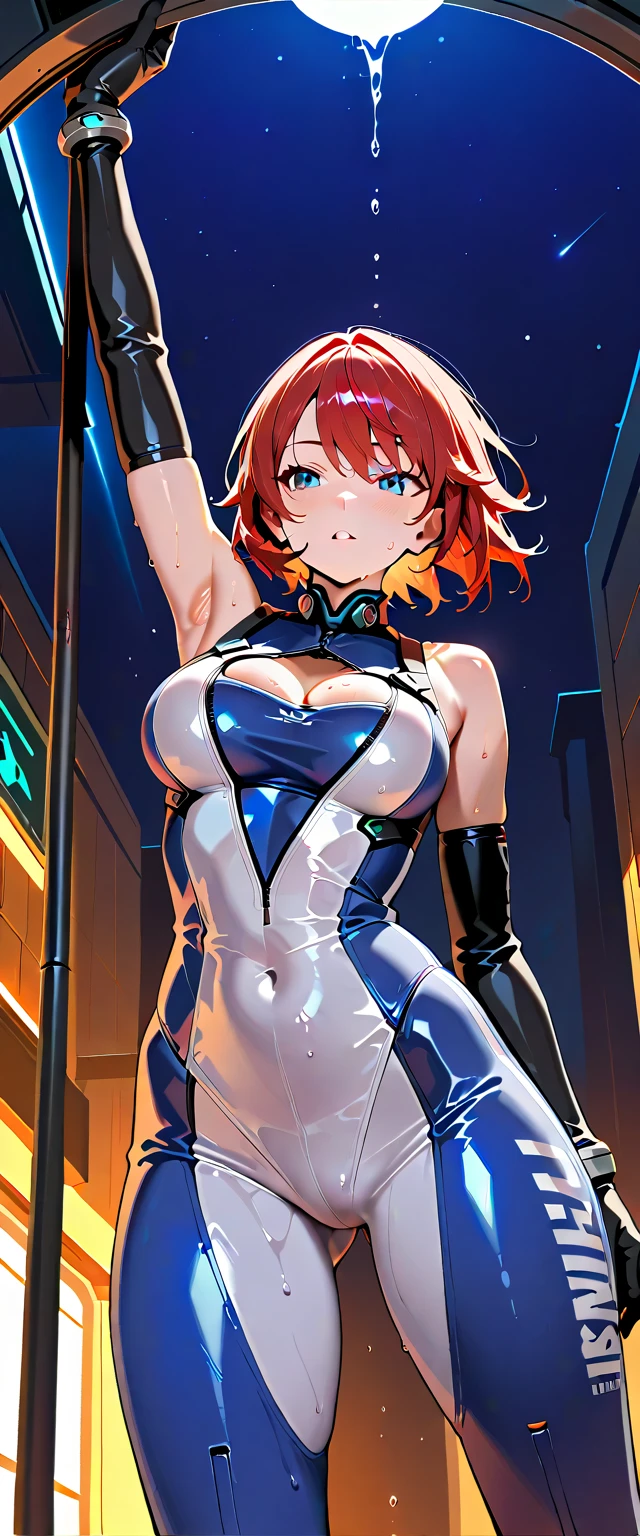 attractive and alluring female pole dancer is peforming in stage, provocative, short hair, red hair, blue eyes, lips, black dress, red trim, necklace, bare shoulders, sleeveless, standing, upper body, night club, neon lights, hips, skin tight, (insanely detailed, beautiful detailed face, masterpiece, best quality)
