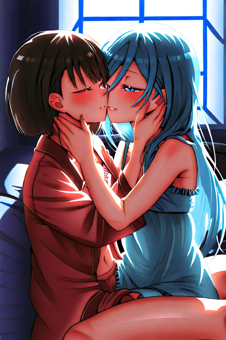 best quality, masterpiece, 1girl,room,window,bed,
 <lora:hands:1> hands,1girl,1boy, fellatio, deepthroat, oral,hug, <lora:Levy:0.8> levy,1girl,solo ,breasts,blue hair,hairband, brown eyes,orange dress,short dress, hair flower,