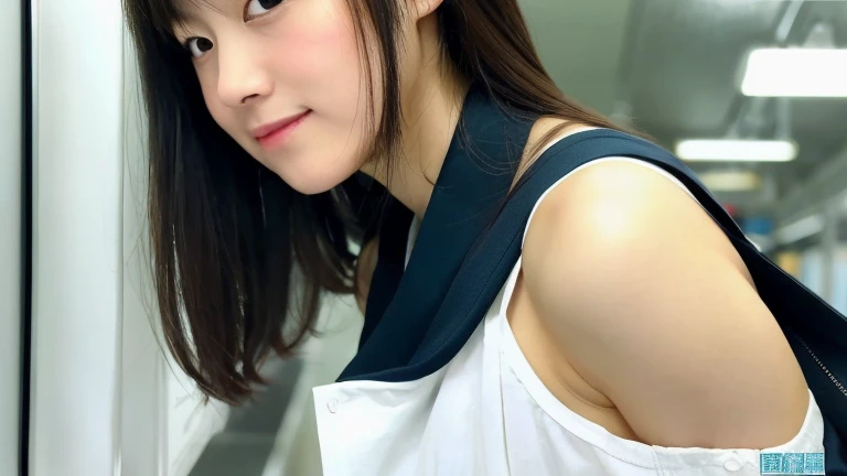 (8K、Raw photography、top-quality、​masterpiece:1.3)、(realisitic、Photorealsitic:1.37)、(natta)、(Look at viewers:1.331)、(white  hair)、the pose、on tokyo street、nighttime scene、cyberpunkcity、Soft light、1girl in、Extremely beautiful face、Bust、putting hands、Random hairstyle、random facial expression、big eye、、lower abdom、(Short sleeve ticker_Shirt)、nffsw_Style、(Dark blue ajc_Skirt)、(Ribbon Ticker_tie)、mix4、A detailed eye、full body Esbian、Opens mouth and laughs、18year old、college aged、circle、university classroom、Greet with a smile