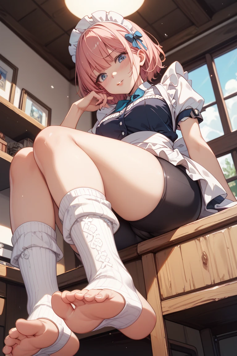 (masterpiece, top quality, best quality, official art, beautiful and aesthetic:1.2), (1girl),upper body, extreme detailed,(fractal art:1.3),colorful,highest detailed, ichikanakano, ichika nakano, short hair, bangs, blue eyes, hair between eyes, pink hair, BREAK skirt, shirt, , white shirt, short sleeves, pleated skirt, shoes, socks, collared shirt, bare foot, detailed feet, toes, feet, sweater, white socks, green skirt, loafers, clothes around waist, BREAK looking at viewer, BREAK indoors, classroom, pov from feet, (masterpiece:1.2), best quality, high resolution, unity 8k wallpaper, (illustration:0.8), (beautiful detailed eyes:1.6), extremely detailed face, perfect lighting, extremely detailed CG, (perfect hands, perfect anatomy),