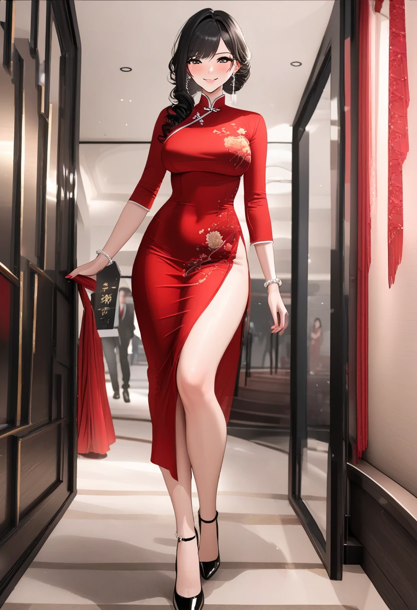digital art, highly detailed, reference sheet, standing pose, feminine features, mature woman, adult female, thicc figure, whole body, bald, form-fitting, qipao dress with a long skirt, heels, 1woman, solo, upper body, lower body, ((Extremely Detailed)), ((Best Quality)), ((Masterpiece)), ((4k)).