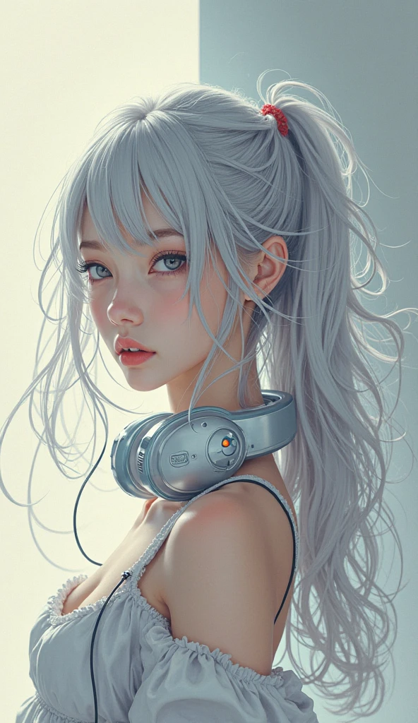 ((face, style)).((masterpiece:1.5))((1 girl, alone、Woman wearing giant headphones:1.5、sweat、Detailed face、Big Eyes、small breasts, cleavage、Best Looks、Ultimate beauty、Shiny silver hair with highlights、Modern Hairstyles))(morning、indoors, dark room, pc)Please look away from here、Beautiful profile, Wearing Headphones

